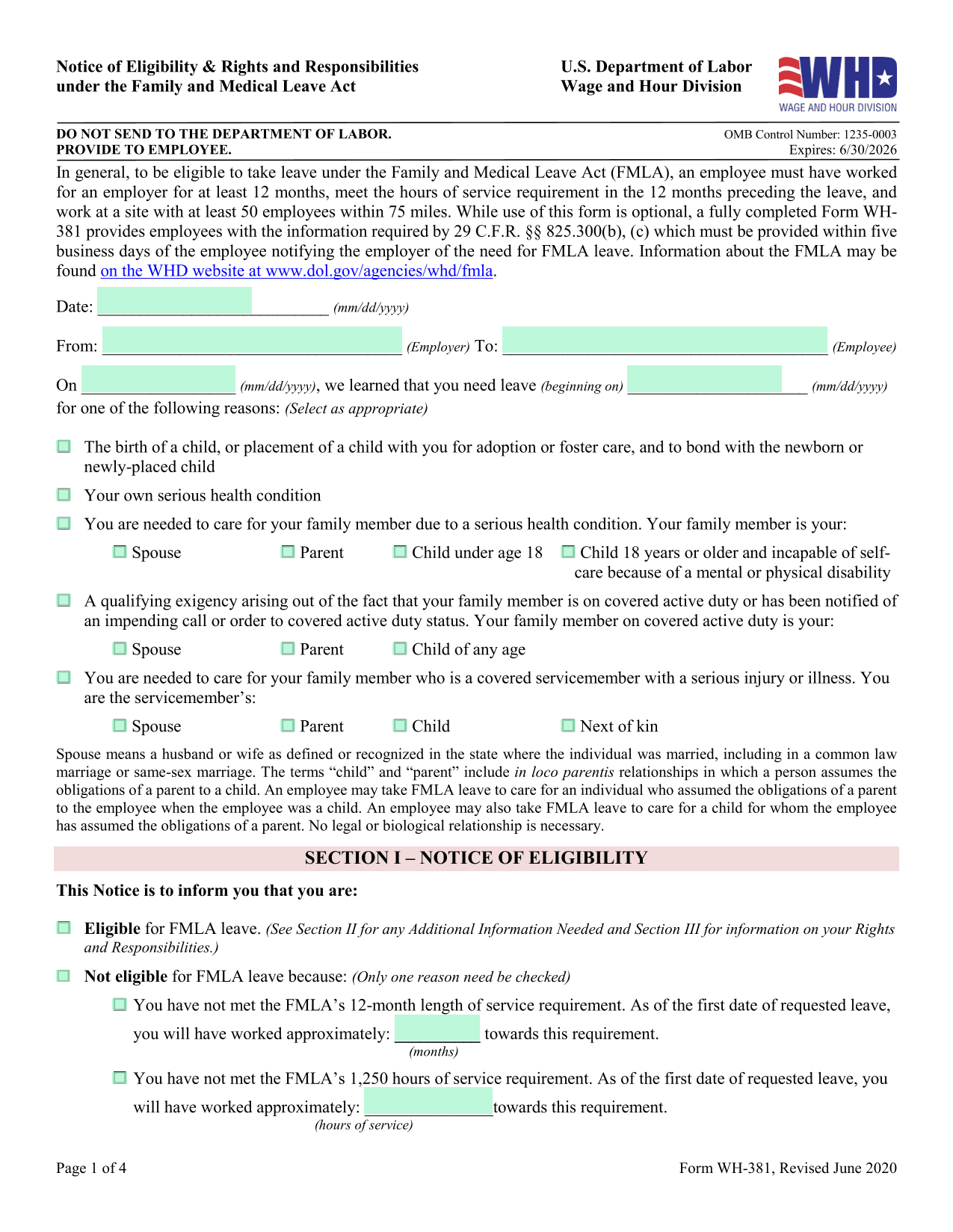 Notice Of Eligibility  Rights Under FMLA (WH 381) screenshot