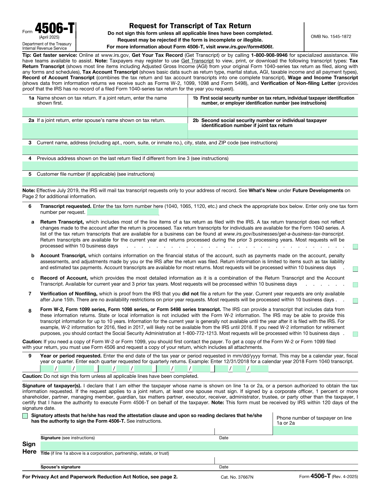 Request For Transcript Of Tax Return (Form 4506 T) screenshot